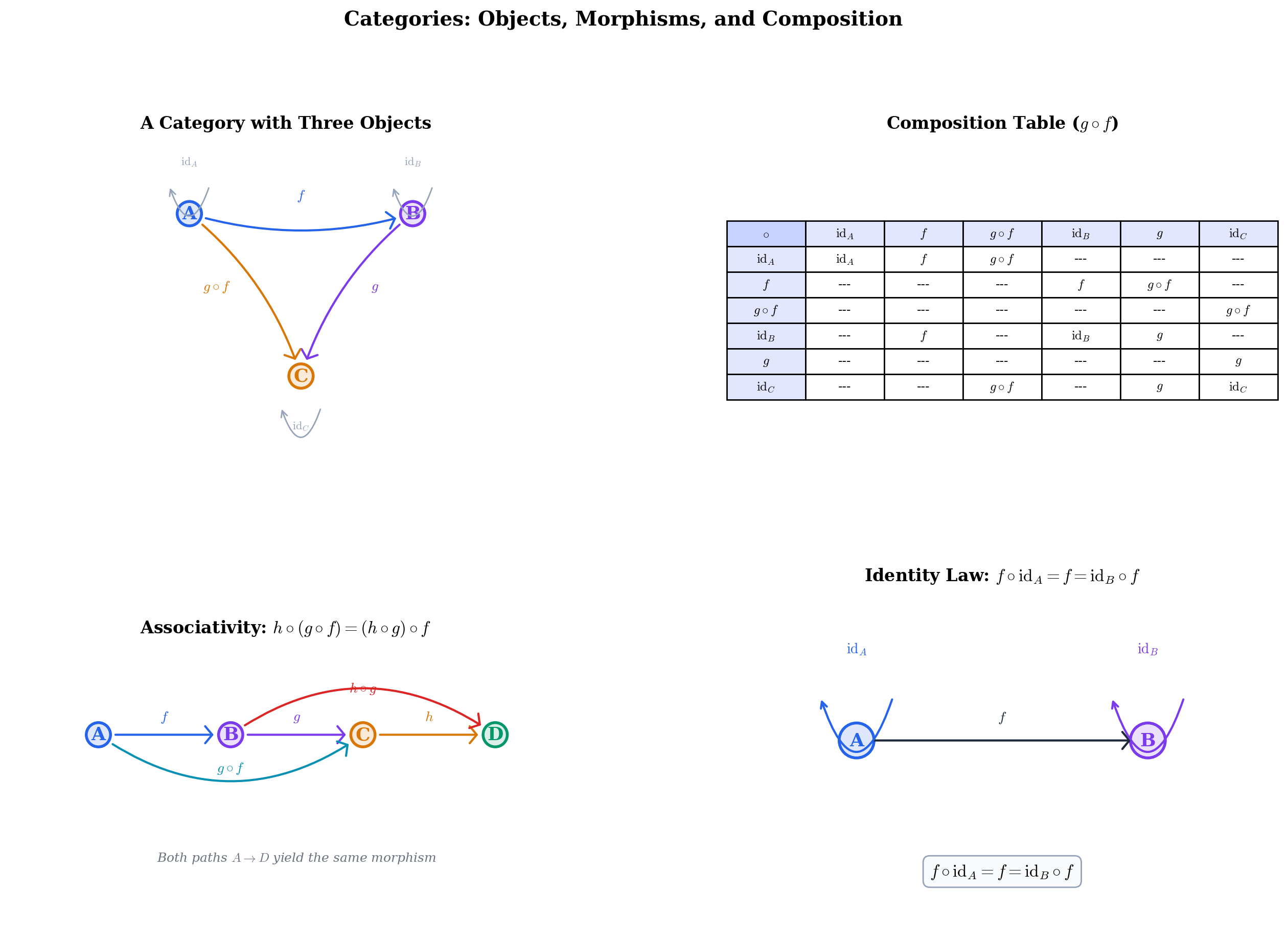 Category definition diagram showing three objects with morphisms, composition, and identity