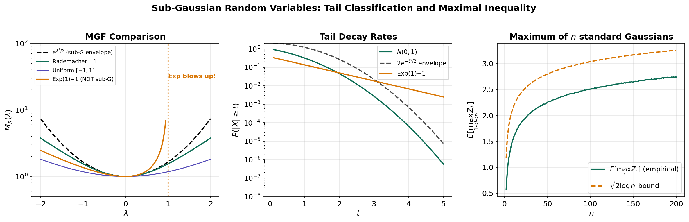 Sub-Gaussian theory — MGF comparison across distributions, tail decay rates, and the maximal inequality showing the sqrt(2 log n) scaling