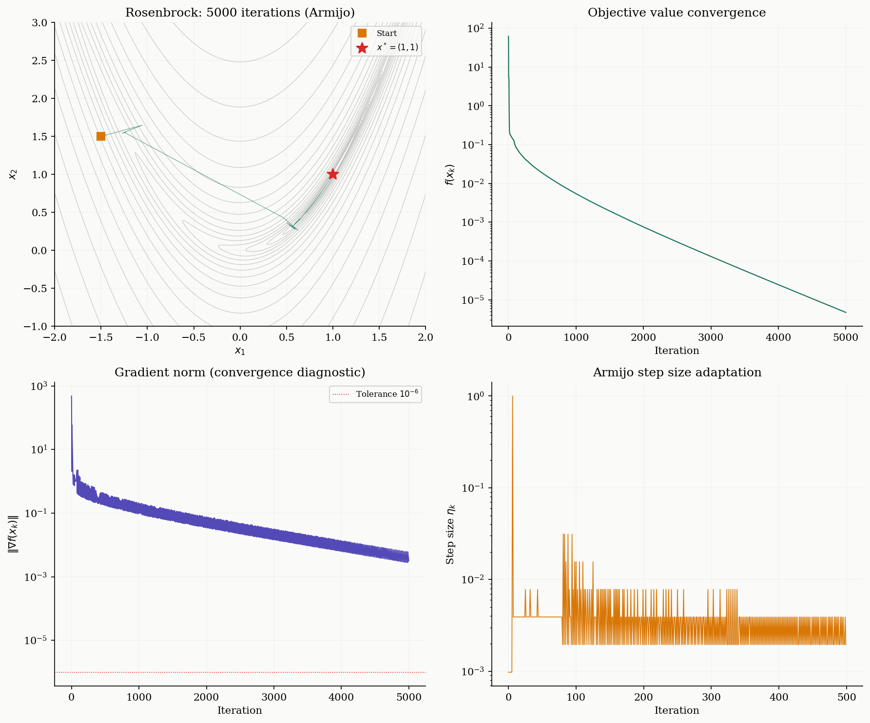 Computational diagnostics: Rosenbrock function trajectory, convergence, gradient norm, and step size history