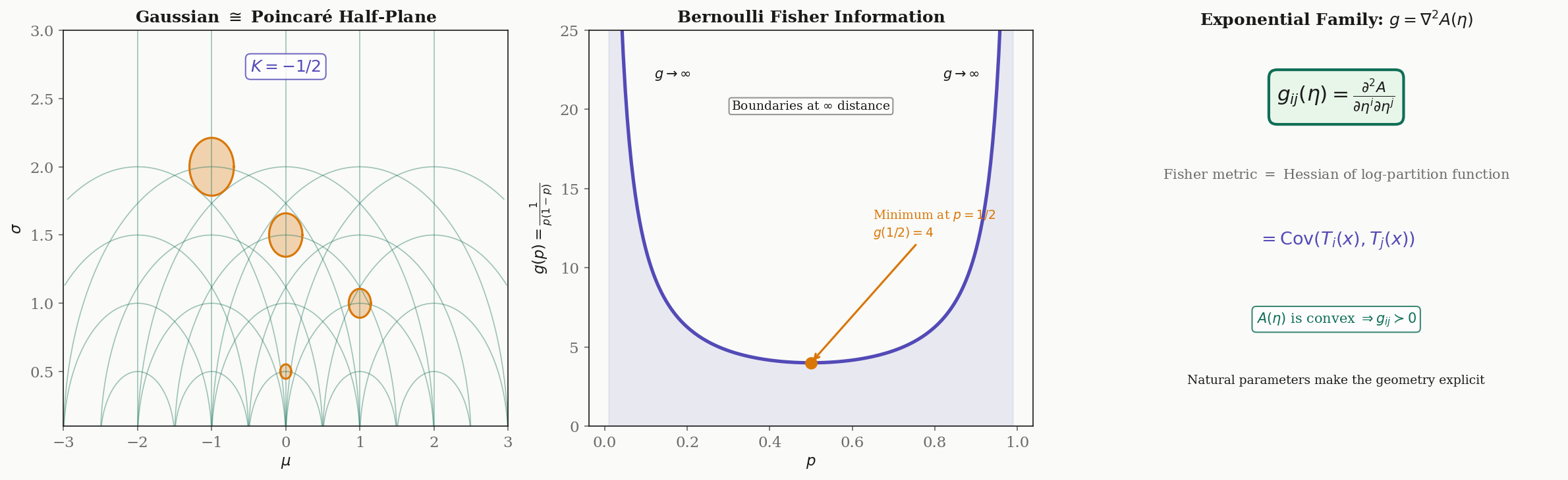 Fisher metric for classical families: Gaussian = Poincaré half-plane, Bernoulli Fisher information, exponential family Hessian